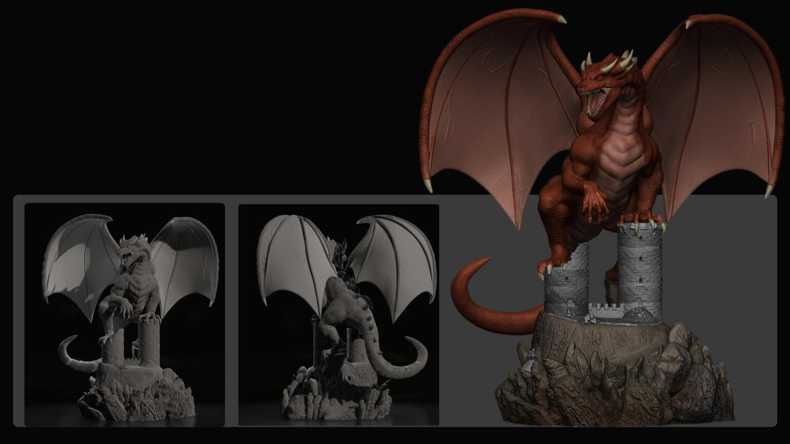 Este dragón ha sido creado íntegramente por mí, desde el diseño original hasta la escultura y el pintado. El modelado ha sido realizado en ZBrush, utilizando Polypaint para el color. Se trata de una escultura optimizada para impresión 3D. Para más informac